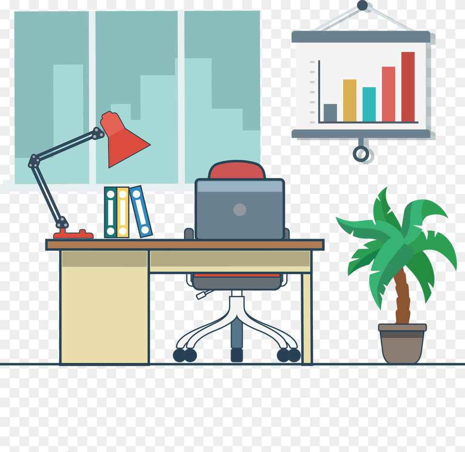 Computer Desk Transprent Free Office Desk Illustration, Furniture, Table, Plant, Electronics Png