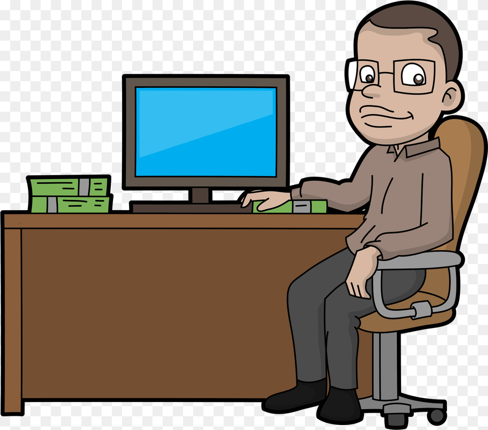 Computer Nerd Making A Computer Cartoon, Table, Desk, Electronics, Furniture Free Png