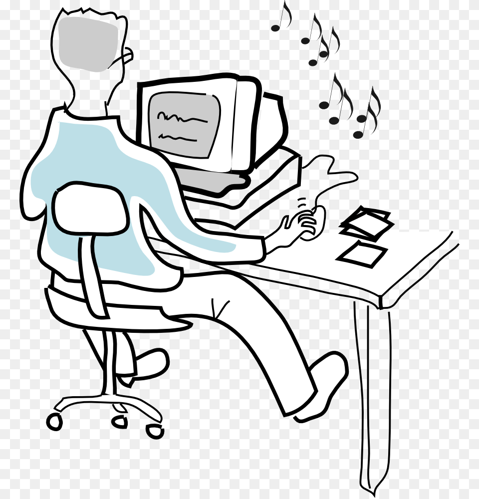 Computer User Burning Music Cds Svg Clip Arts Clipart Listening To Music With Computer, Desk, Furniture, Table, Electronics Free Png