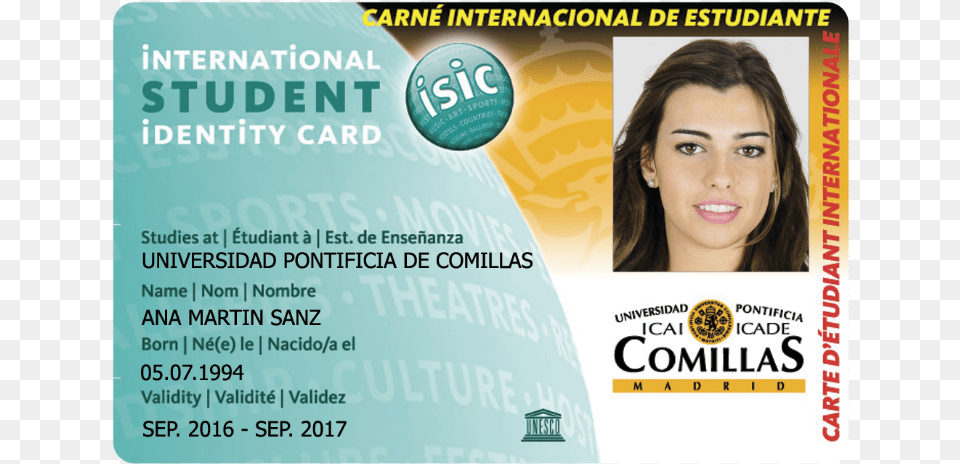 Concretamente El Carn Isic Para Los Estudiantes De Isic Card, Text, Adult, Female, Person Png