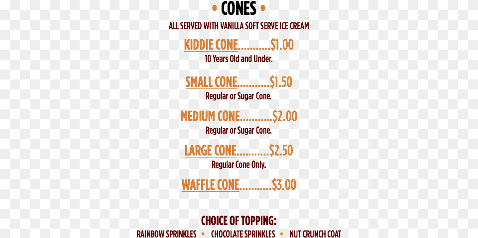 Cones All Served With Vanilla Soft Serve Ice Cream, Text, Menu Free Png Download