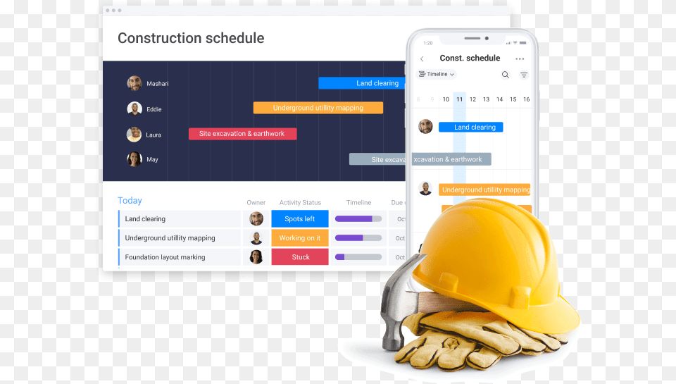 Construction Management Software Mondaycom Technology Applications, Clothing, Hardhat, Helmet, Glove Free Png Download