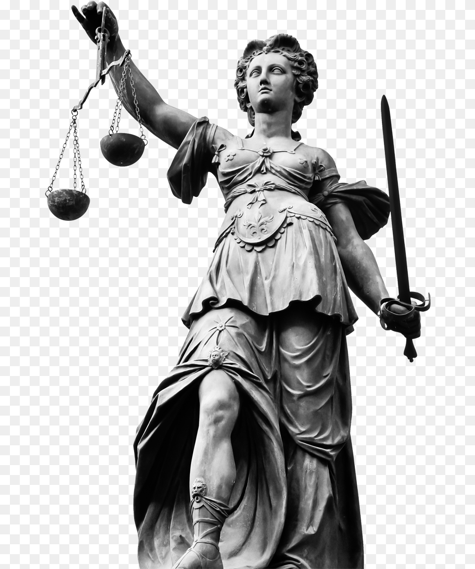 Contact Lady Justice Frankfurt Sculpture Black And White, Art, Person, Sword, Weapon Png Image