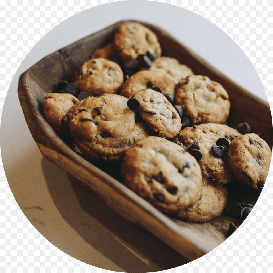 Cookies In Tray Circle Chocolate Chip Cookie, Sweets, Food, Plate, Produce Free Transparent Png