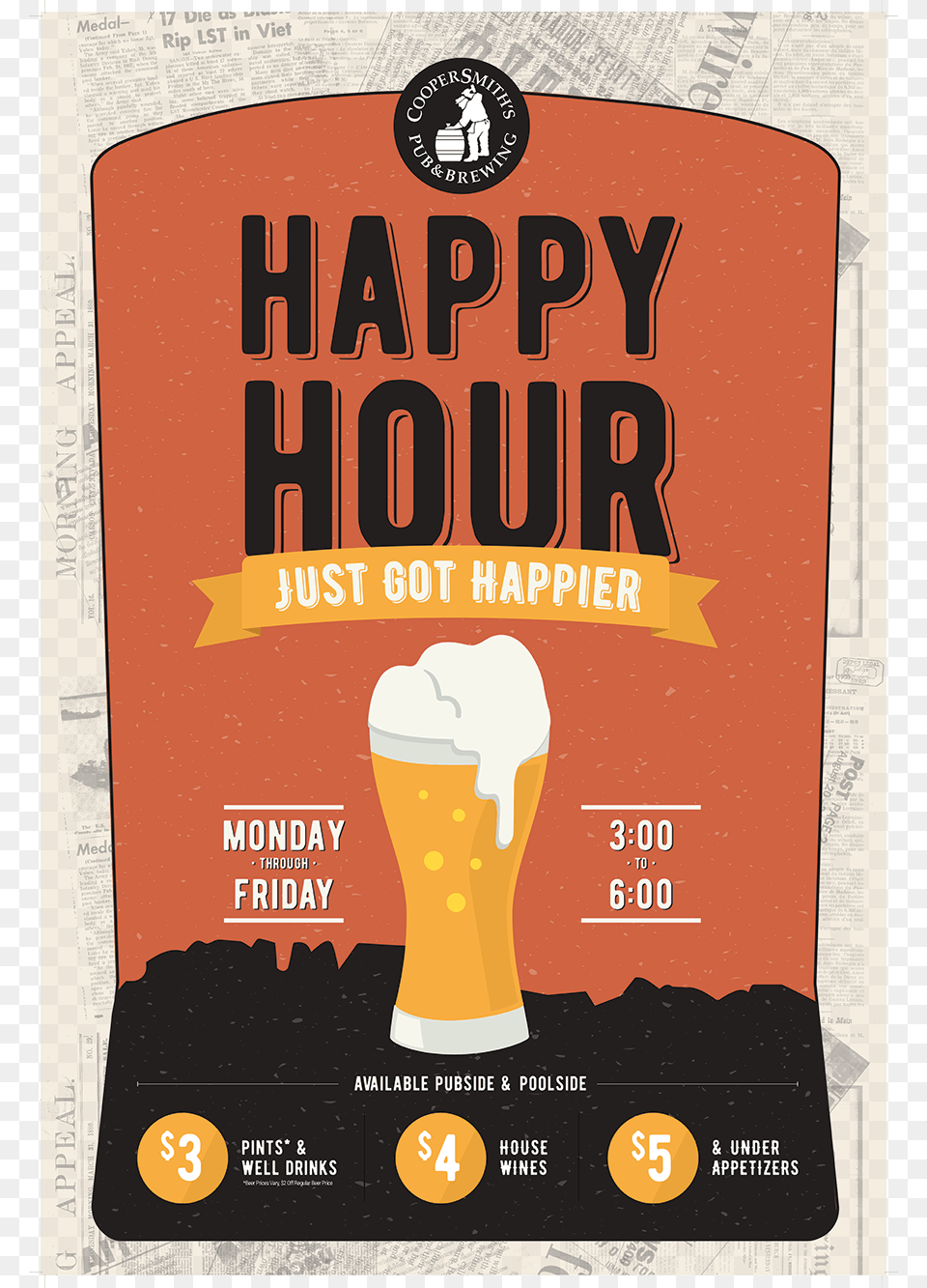 Coopersmith S Happy Hour Daily Poster, Advertisement, Alcohol, Beer, Beverage Png Image