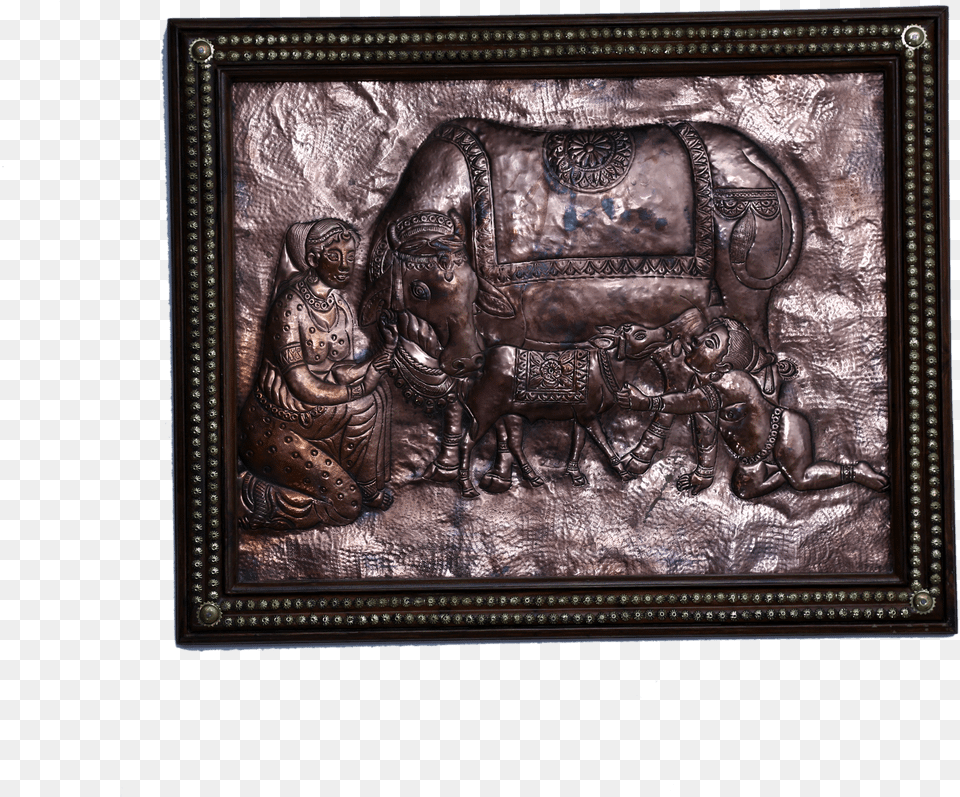 Copper Art Vastu Yashoda Krishna With Cow With Woodenframe Picture Frame, Painting, Accessories, Bronze, Archaeology Free Png Download