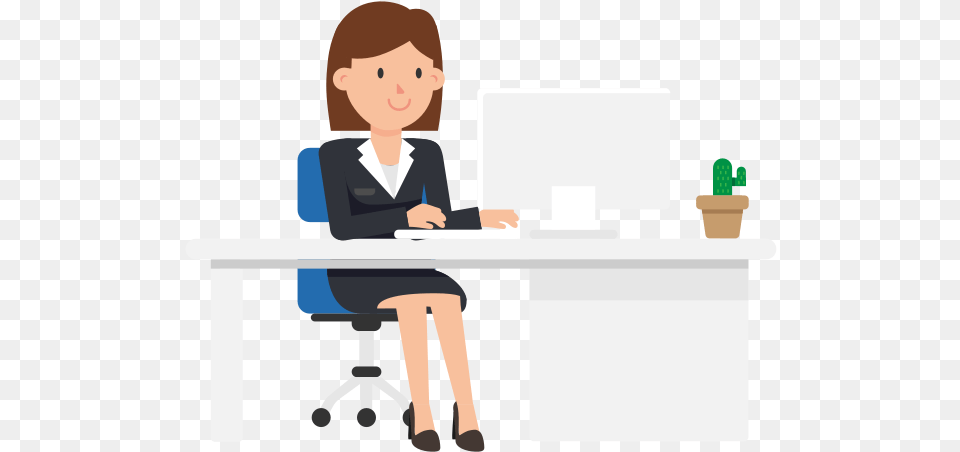 Corporate Woman Working At Her Desk Woman At Desk Cartoon, Table, Furniture, Sitting, Person Free Transparent Png