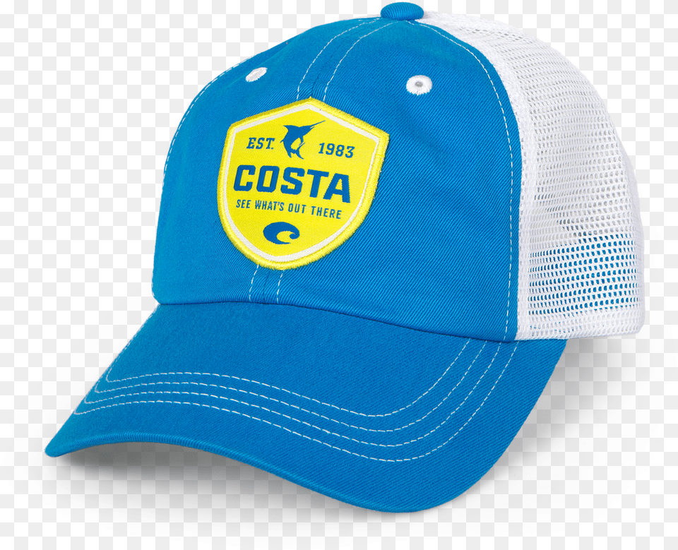 Costa Del Mar Shield Trucker In Costa Blue Angle Costa Del Mar Shield Trucker, Baseball Cap, Cap, Clothing, Hat Png Image