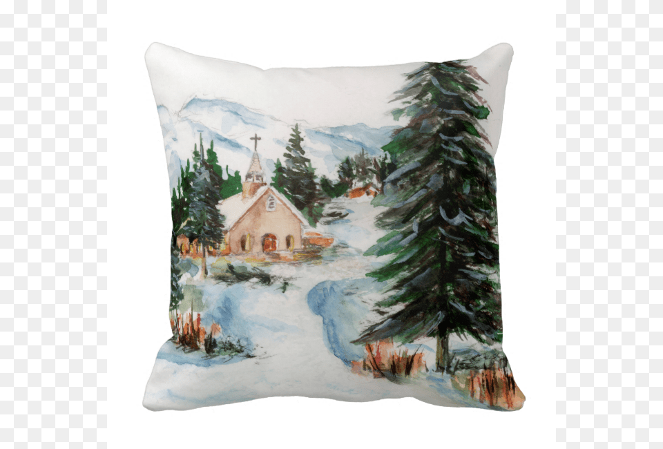 Country Church In Winter Watercolor Mountain Scene Country Church In Winter, Tree, Plant, Pillow, Home Decor Free Png