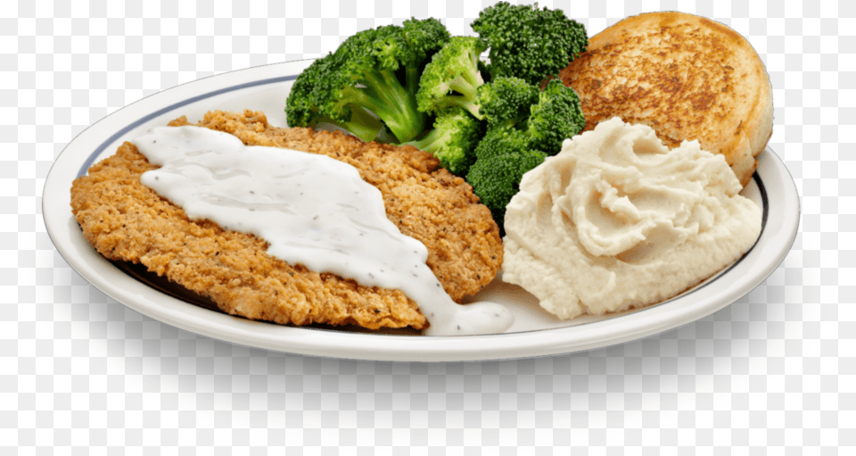 Country Fried Steak Sausage Gravy Toast Broccoli Country Fried Steak, Bread, Food, Plate, Plant Png Image