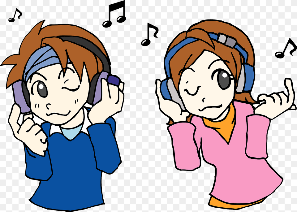 Couple Is Listening To Music With Headphones Clipart, Baby, Book, Comics, Person Png Image