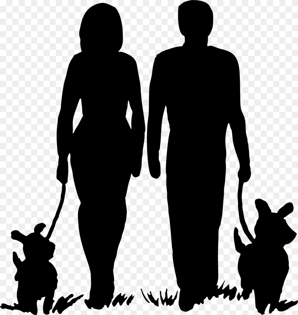 Couple Walking Their Dogs Silhouette Clip Art Black Couple Walking Dog Silhouette, Gray Free Png