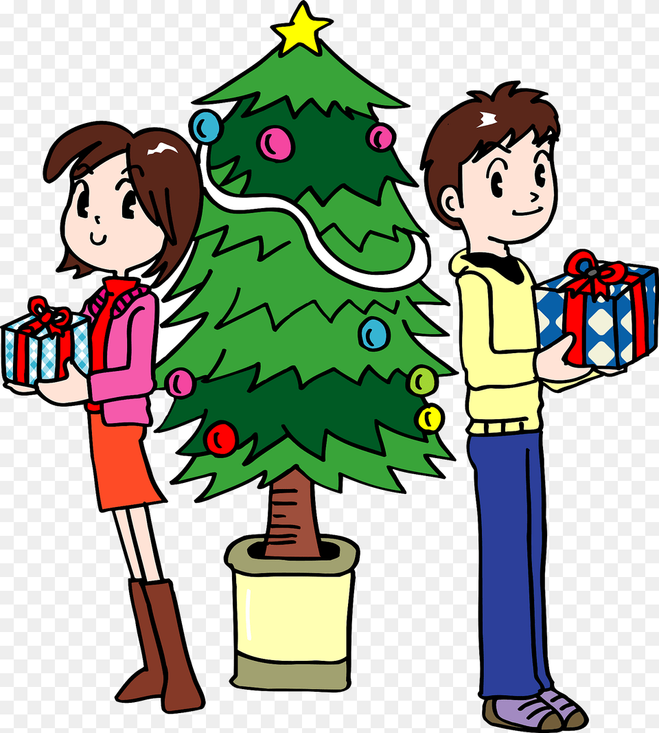 Couple With Gifts Near Christmas Tree Clipart, Person, Baby, Face, Head Free Png