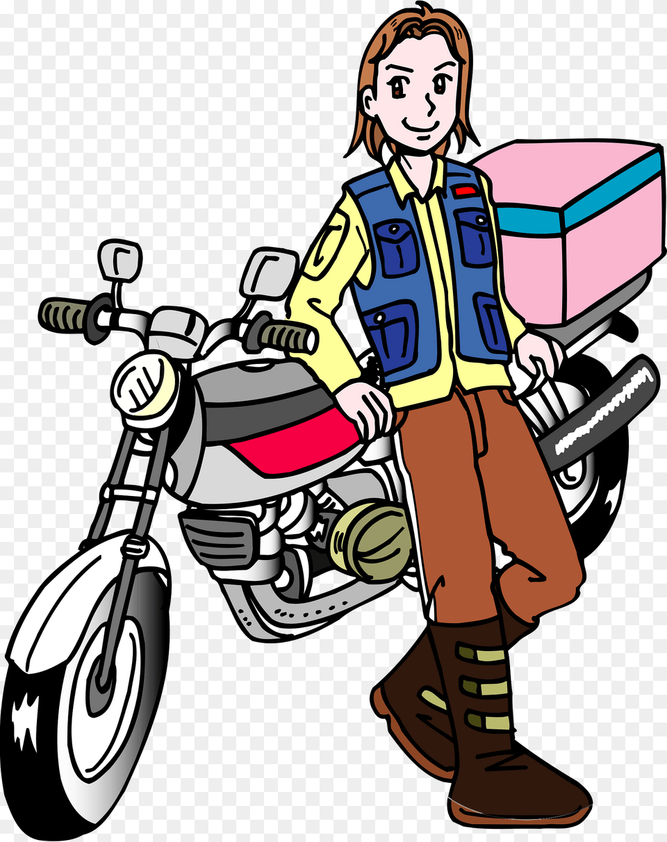 Courier Man Standing By His Motorcycle Clipart, Vehicle, Transportation, Person, Face Png Image