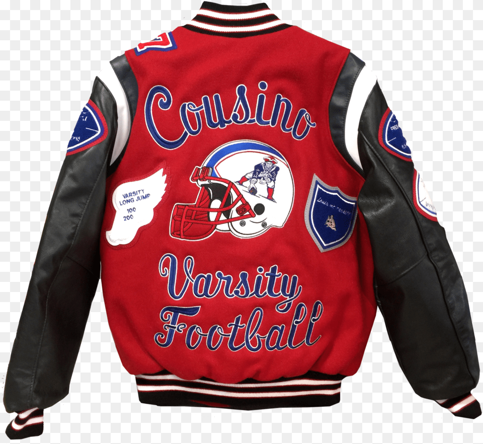 Cousino Footballhelmetfootbal Back 1 Varsity Jacket Back Design, Clothing, Coat, Shirt, Person Free Png Download