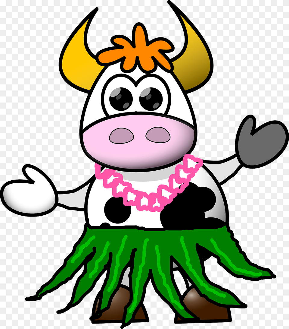 Cow Cartoon Skirt Hula Hawaiian Costume Animal Cartoon Cow, Baby, Person, Toy, Cattle Png