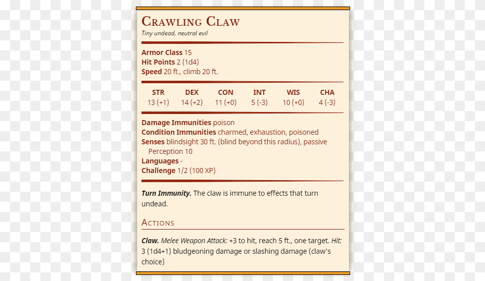 Crawling Claw Wizard Stat Block, Text, Menu Free Transparent Png