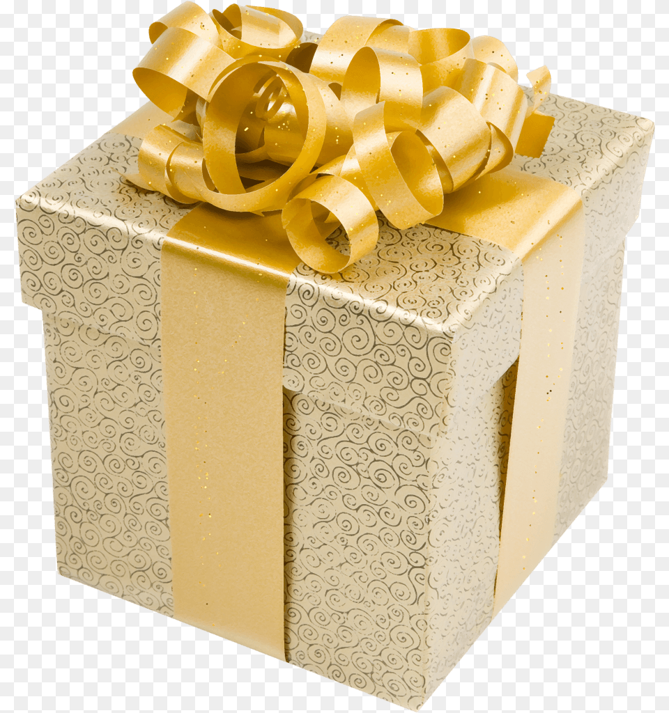 Cream Present Box With Gold Bow Clipart Gold Gift Box, Tape, Mailbox Free Png
