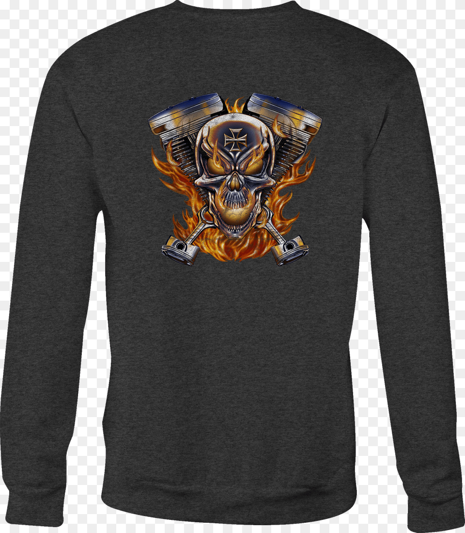 Crewneck Sweatshirt Flaming Pistons Racing Skull Iron Long Sleeved T Shirt, Clothing, Long Sleeve, Sleeve, Knitwear Png