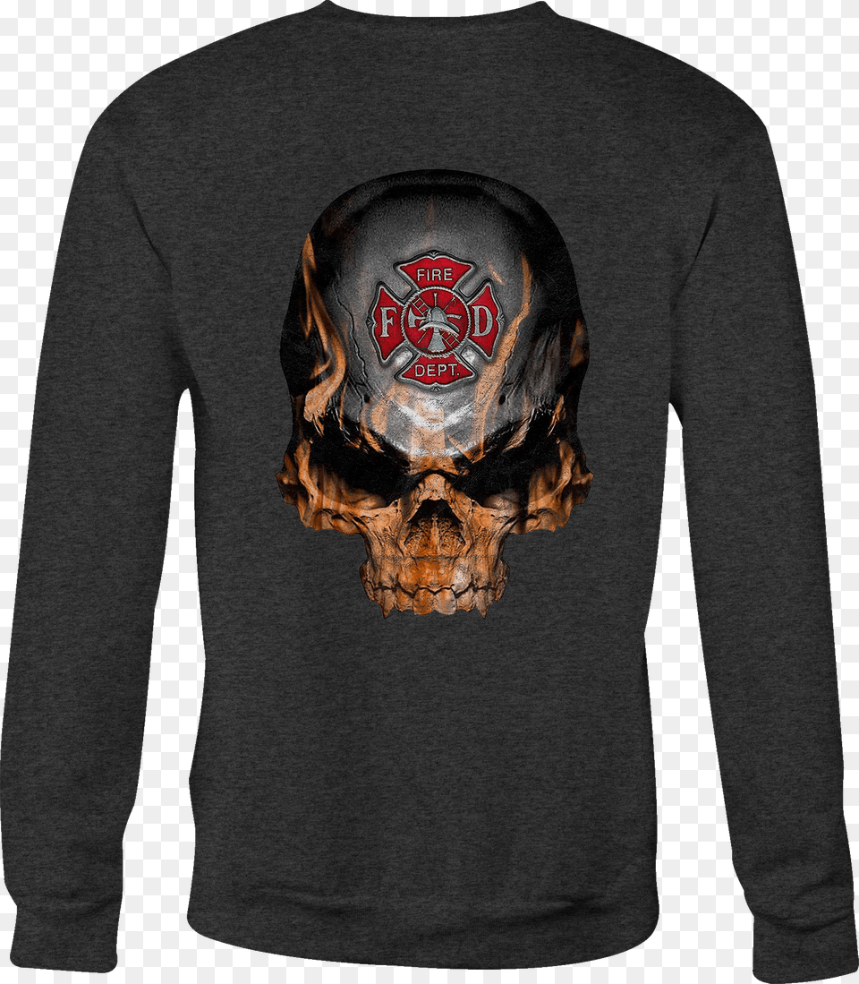 Crewneck Sweatshirt Flaming Skull Fire Fighter Maltese Long Sleeved T Shirt, Clothing, Hoodie, Knitwear, Long Sleeve Png