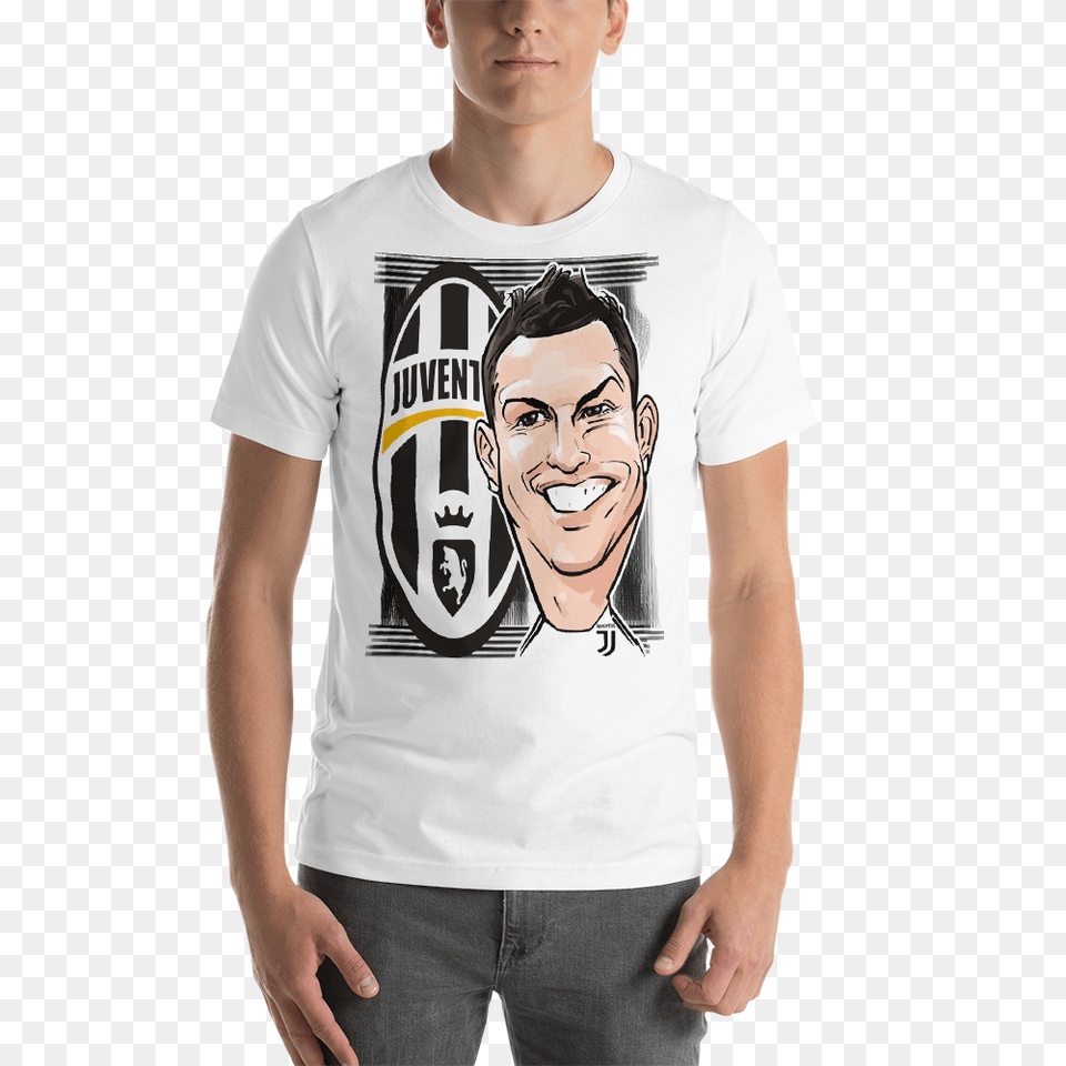 Cristiano Ronaldo Cartoon Caricature Juventus Fc Logo Crest, T-shirt, Clothing, Shirt, Person Free Png