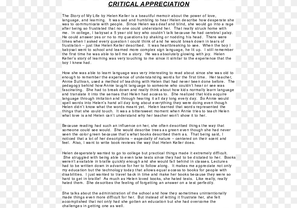 Critical Appreciation Helen Keller, Page, Text, Letter Free Png