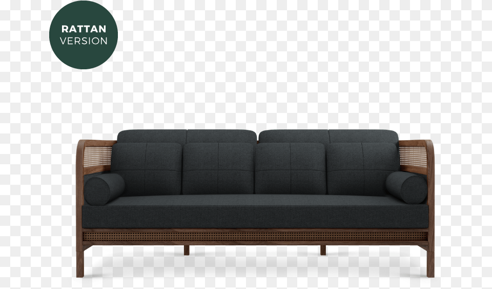 Crockford Sofa In Walnut Wood Ratan And Black Linen Studio Couch, Furniture, Cushion, Home Decor Png Image