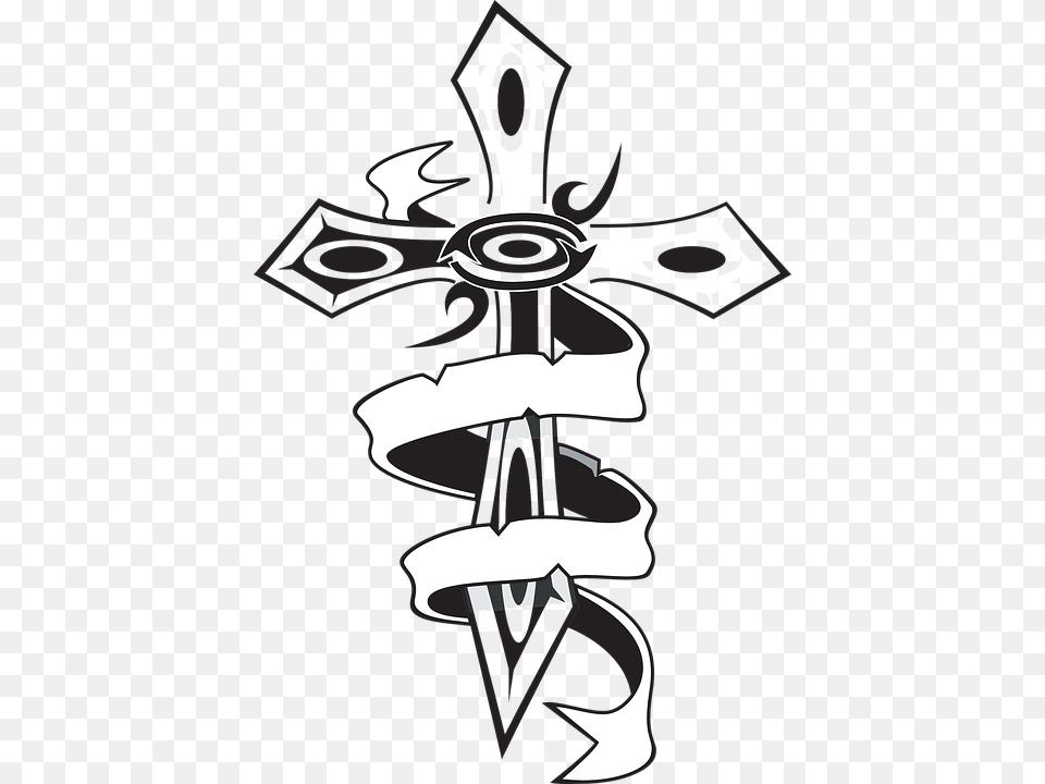 Cross With Ribbon Clipart, Emblem, Stencil, Symbol Png