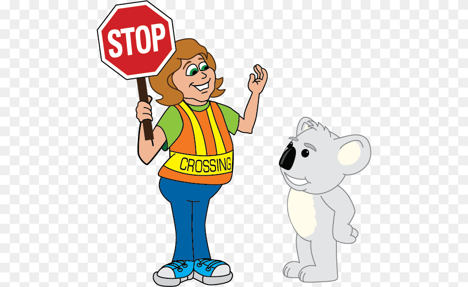 Crossing Guard With Koala Stop Sign Clip Art, Symbol, Person, Baby, Face Free Transparent Png