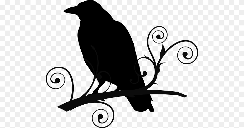 Crow On Branch Clip Art At Clker Com Vector Clip Art Raven Clipart Black And White, Silhouette, Animal, Bird, Blackbird Free Png