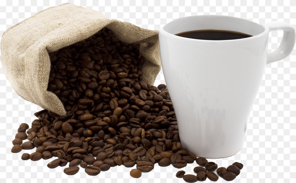 Cup Of Coffee And Spilled Coffee Beans, Beverage Png