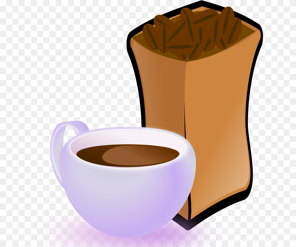 Cup Of Coffee With Sack Of Coffee Beans Coffee Beans Clip Art, Chocolate, Dessert, Food, Beverage Png Image