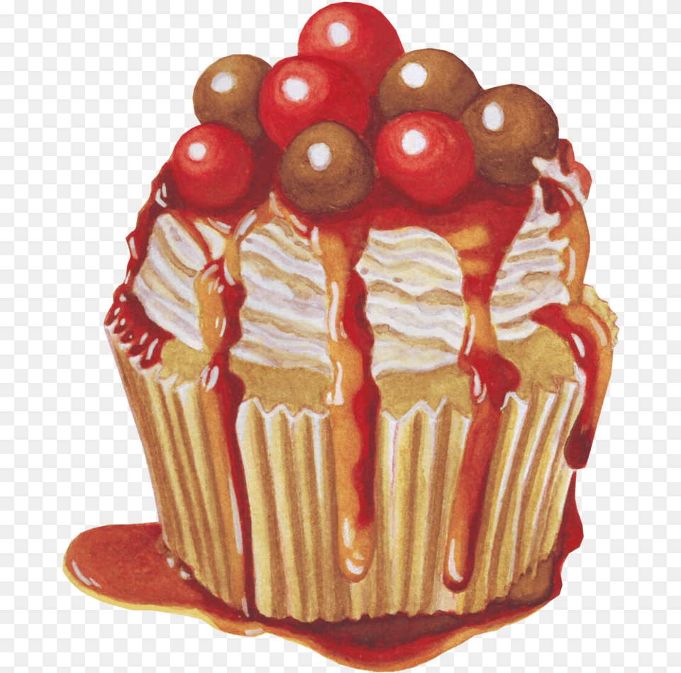 Cupcake With Caramel And Cherry Sauce Cupcake, Cake, Cream, Dessert, Food Png Image