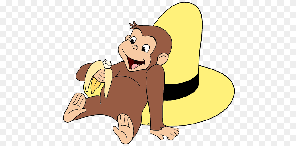Curious George Resting Against The Yellow Hat, Clothing, Cartoon, Animal, Bear Png Image
