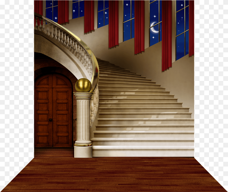 Curved Staircase With Red Curtains Backdrop Staircase, Architecture, Housing, House, Hardwood Free Png