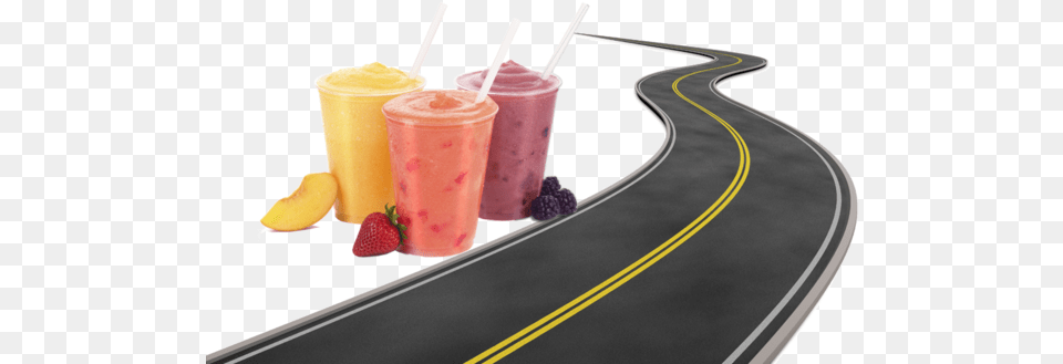 Curving Road With Frozen Beverages Like Frozen Peach Smoothies With White Backgrounds, Beverage, Cup, Juice, Smoothie Png Image