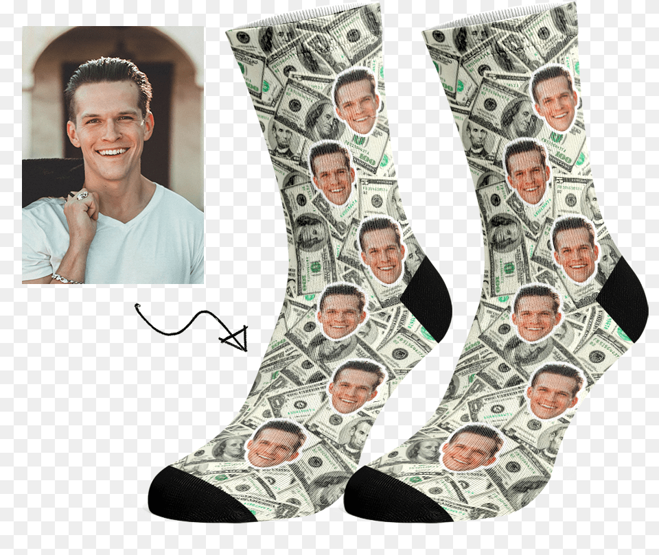 Custom 100 Dollar Bill Face Socks Sock, Adult, Male, Man, Person Free Transparent Png