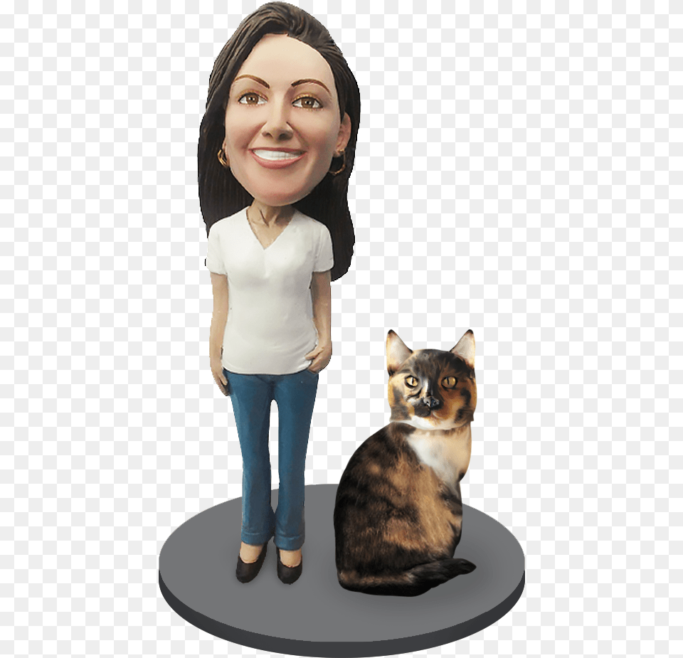 Custom Female With Custom Pet Cat Bobblehead Pet Bobblehead, Girl, Person, Child, Photography Free Png