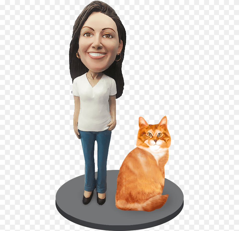 Custom Female With Pet Cat Bobblehead Orange Tabby Cat Bobblehead Jack Russell, Figurine, Girl, Child, Person Free Png Download