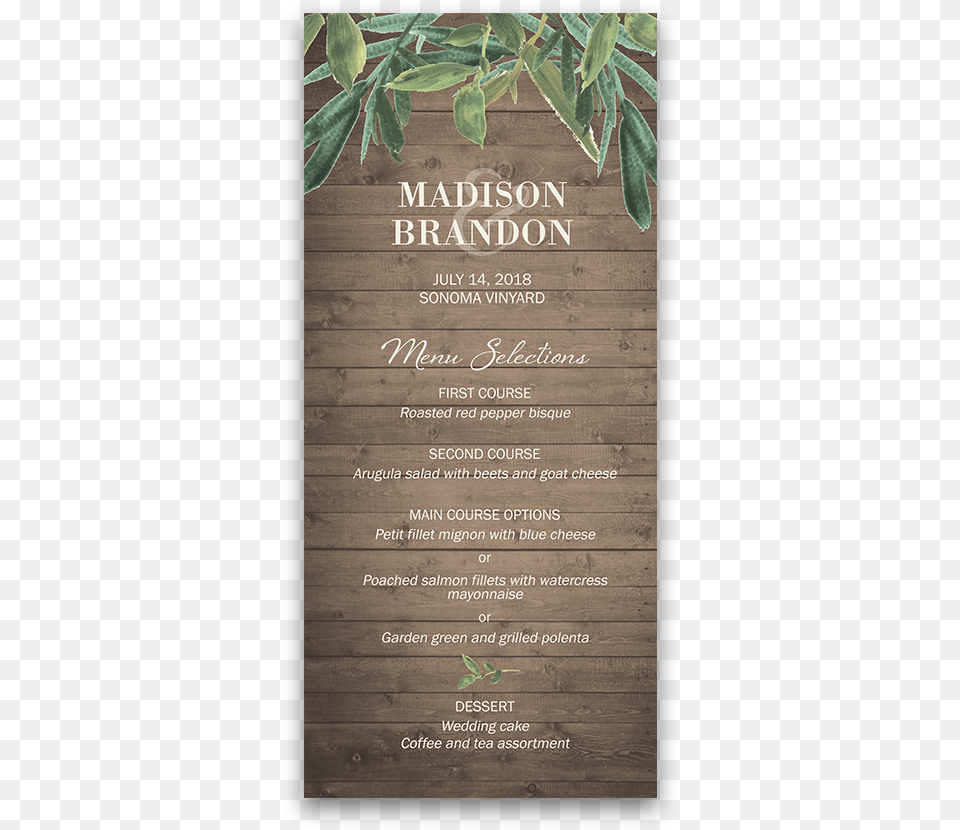 Custom Wedding Menu Rustic Barn Wood And Greenery Cheese Course Wedding Menu, Advertisement, Poster, Text Free Png
