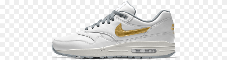 Customised Nike Airs Metallic Gold Swoosh White Mains Sneakers, Clothing, Footwear, Shoe, Sneaker Png Image