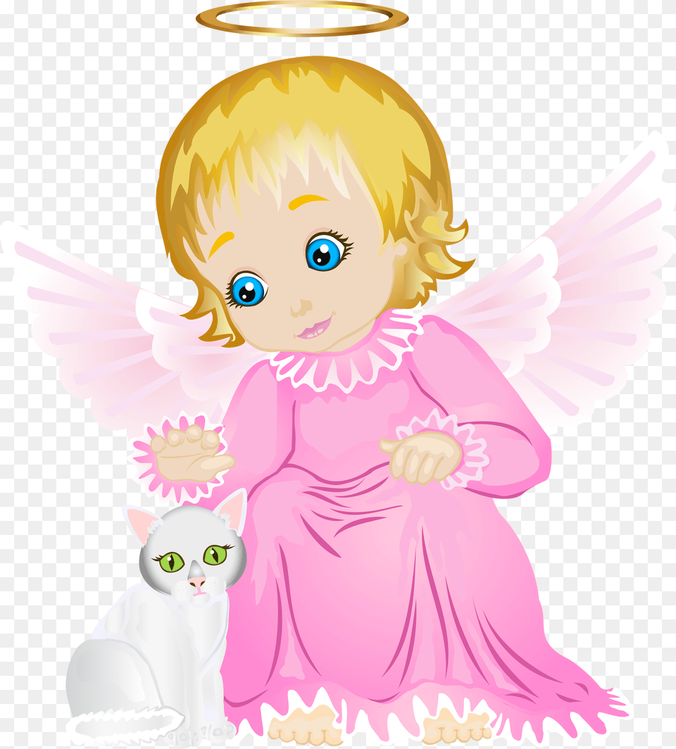 Cute Angel With White Kitten Transparent Clip Art, Person, Baby, Head, Face Free Png Download