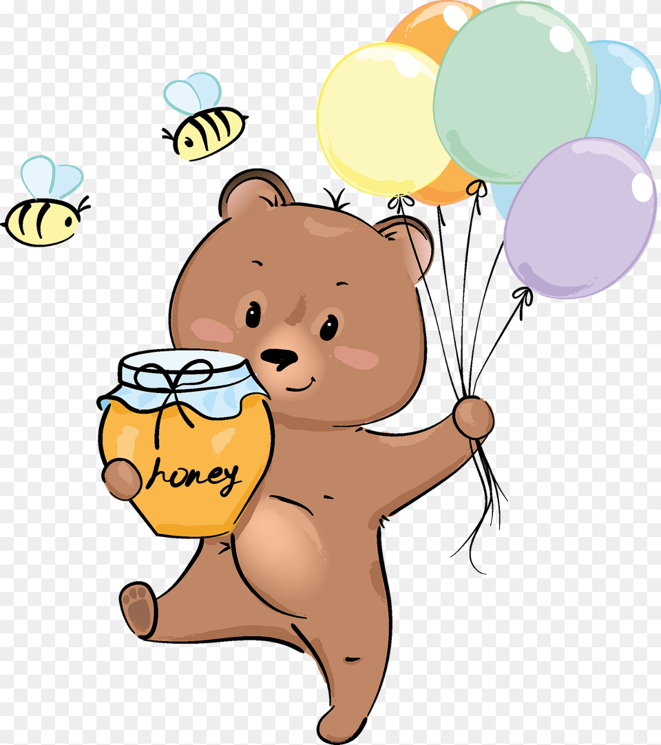 Cute Bear With Honey And Balloons Clipart, Balloon, Face, Head, Person Free Png Download