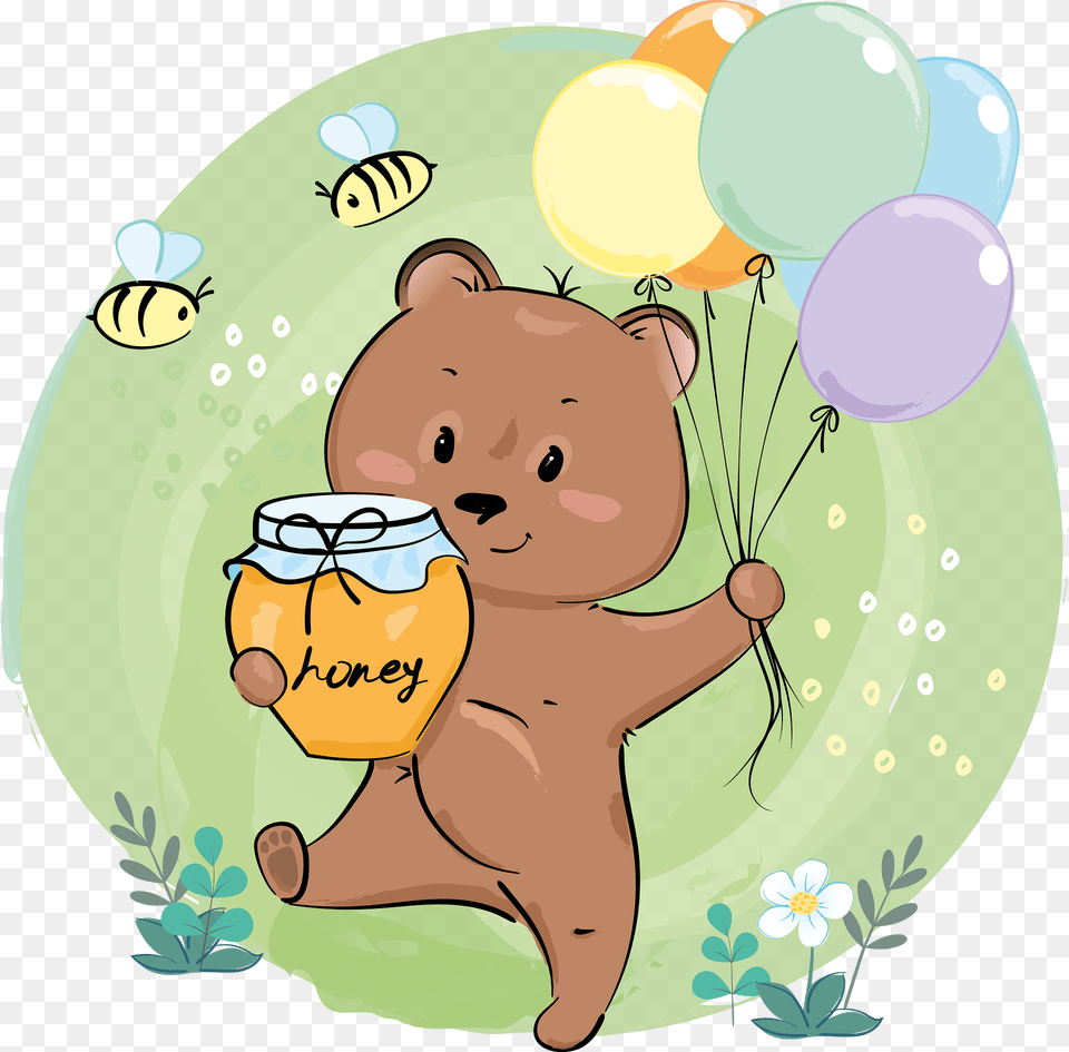 Cute Bear With Honey And Balloons Clipart, Balloon, Face, Head, Person Free Png
