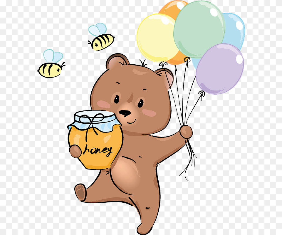 Cute Bear With Honey And Balloons Clipart Cartoon, Balloon, Face, Head, Person Free Png Download