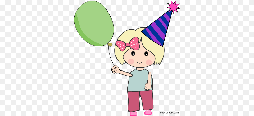 Cute Birthday Girl Holding A Balloon Clip Art Clip Art, Hat, Clothing, Party Hat, Person Png Image