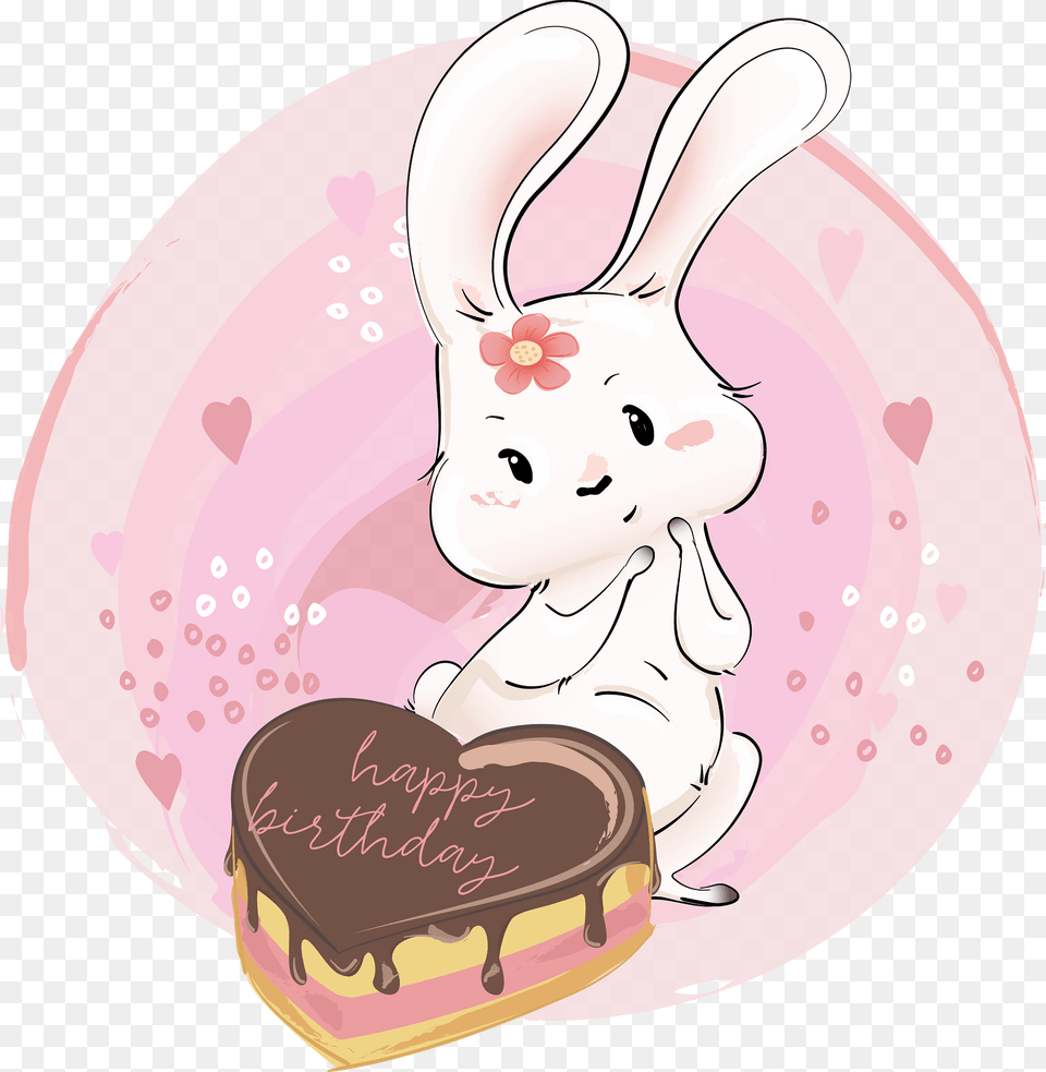 Cute Bunny With Her Birthday Cake Clipart, Cream, Dessert, Food, Ice Cream Png Image