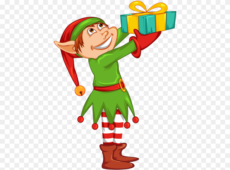 Cute Cartoon Christmas Elf With Gift Clip Art, Person, Face, Head Free Transparent Png