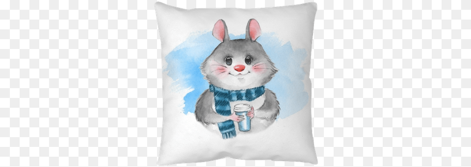 Cute Cartoon Mousel With Coffee Cup Illustration, Cushion, Home Decor, Pillow, Art Free Png Download
