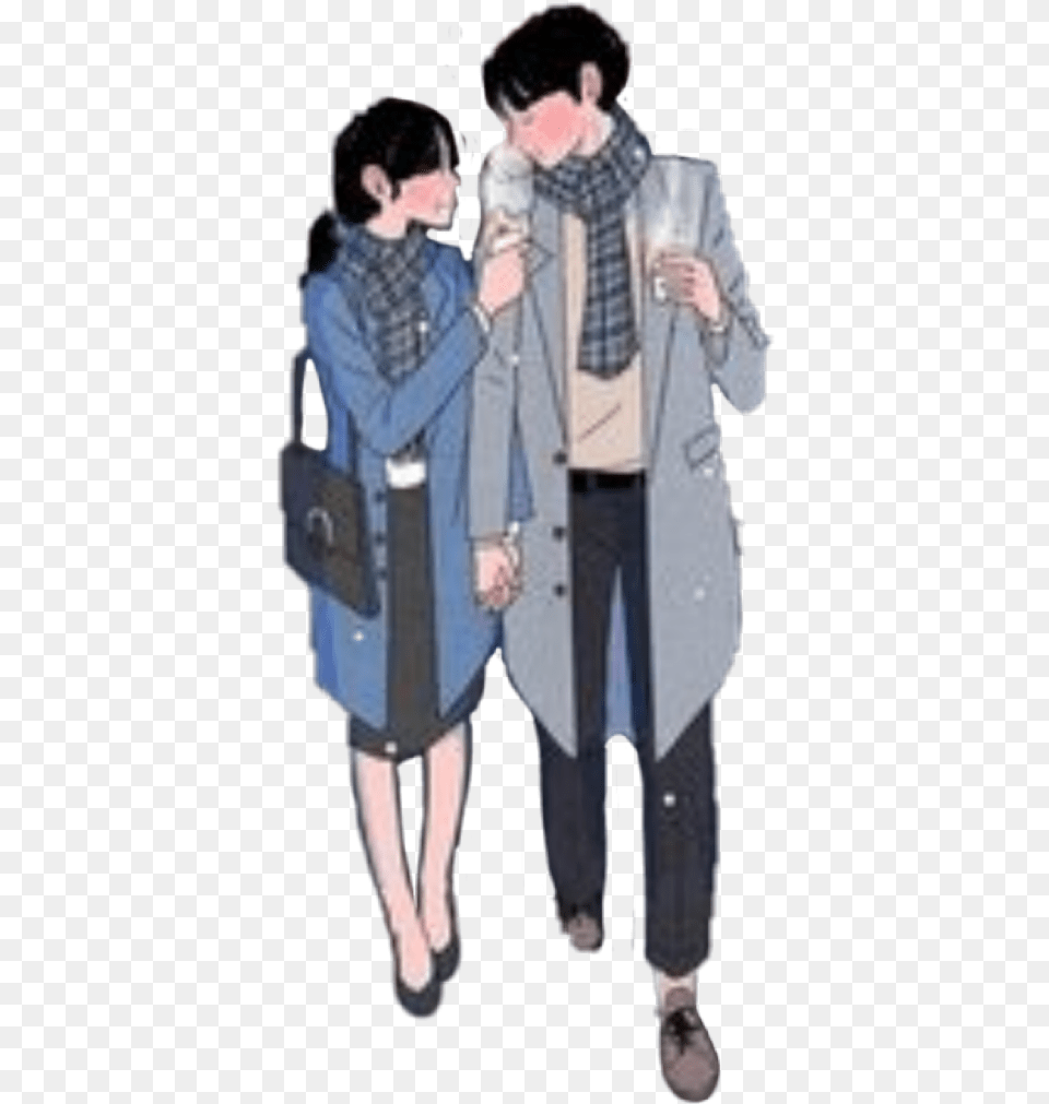 Cute Couple Asian Cartoon Anime Blue Together Holding Hands Anime Couple Walking Together, Clothing, Coat, Overcoat, Person Png
